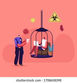 Home Isolation during Bio Hazard Epidemic Spreading Concept. Policeman Character Writing Fine to Man Sitting inside of Cage Working on Laptop, Quarantine Control. Cartoon People Vector Illustration