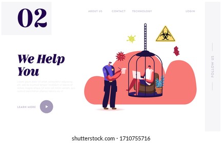 Home Isolation during Bio Hazard Epidemic Spreading Landing Page Template. Policeman Character Writing Fine to Man Sitting inCage Work on Laptop, Quarantine Control. Cartoon People Vector Illustration