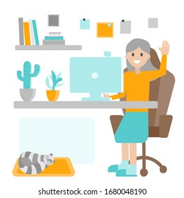 Home isolation of an old man during a coronavirus outbreak concept. Grandmother communicates on the Internet for a computer. Vector hand drawn flat illustration