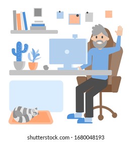 Home isolation of an old man during a coronavirus outbreak concept. Grandfather communicates over the Internet on a computer. Vector hand drawn flat illustration.