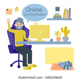 Home isolation of an old man during a coronavirus outbreak concept. Grandfather communicates over the Internet on a computer. Vector hand drawn flat illustration