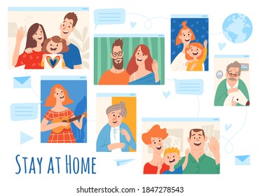 Home isolation quarantine vector illustration with stay at home lettering . Stay at home and be in touch with your family. 