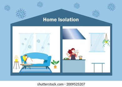 Home isolation, stay home concept. Covid-19 patient self quarantine in separated room at house lay down on sofa with medicine pills while other cooking. Medical healthcare and social distancing.