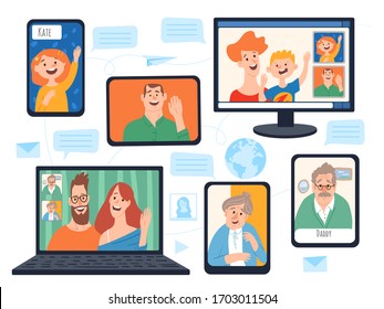 Home Isolation Vector Illustration With Different Devices And Happy Family Connected. Stay At Home And Be In Touch With Your Family. 