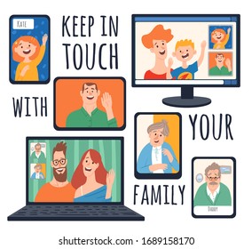 Home isolation vector illustration with family and adults and internet connection. Stay at home and be in touch with your family text. 