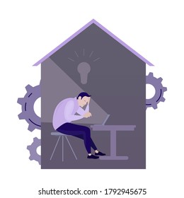 Home isolation, work with laptop. Vector quarantine office online, character at home hide from coronavirus, freelance epidemic illustration. Home office