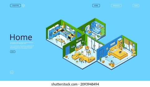 Home Isometric Landing Page, Modern Apartment Interior With Bedroom, Kitchen, Bath And Living Rooms With Furniture And Technics, Design Project Of Comfortable House Space 3d Vector Line Art Web Banner