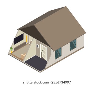 Home isometric model. Private house icon. Illustration of cottage, family home, building facade with windows and residential property. Cartoon vector illustration isolated on white background
