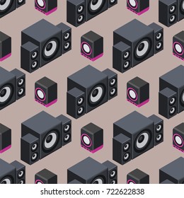 Home isometric sound system stereo acoustic 3d vector seamless pattern music loudspeakers player subwoofer equipment technology.