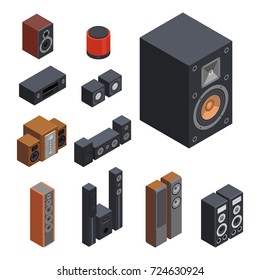 Home isometric sound system stereo acoustic 3d vector music loudspeakers player subwoofer equipment technology.