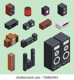 Home isometric sound system stereo acoustic 3d vector music loudspeakers player subwoofer equipment technology.