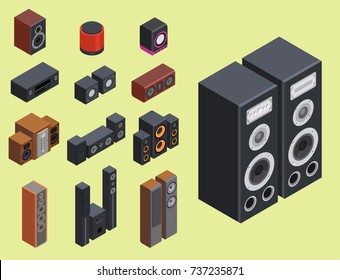 Home isometric sound system stereo acoustic 3d vector music loudspeakers player subwoofer equipment technology.