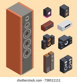 Home isometric sound system stereo acoustic 3d vector music loudspeakers player subwoofer equipment technology.