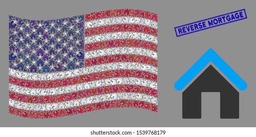Home items are combined into USA flag collage with blue rectangle rubber stamp seal of Reverse Mortgage caption. Vector collage of USA waving flag is composed with home items.