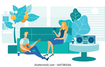 Home Karaoke, Entertainment Vector Illustration. Young Friends, Boyfriend And Girlfriend Cartoon Characters. Amateur Musician And Singer. Man Playing Guitar, Woman Holding Microphone. Indoor Date