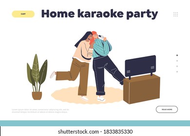 Home karaoke party landing page concept with two women singing karaoke reading lyrics from tv. Cartoon female characters relaxing with song. Template vector illustration