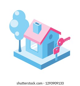 Home key 3d vector icon isometric pink and blue color minimalism illustrate