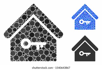 Home key composition of filled circles in different sizes and shades, based on home key icon. Vector filled circles are united into blue mosaic. Dotted home key icon in usual and blue versions.