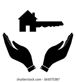 Home Key in hand icon, care symbol vector illustration. Flat design style