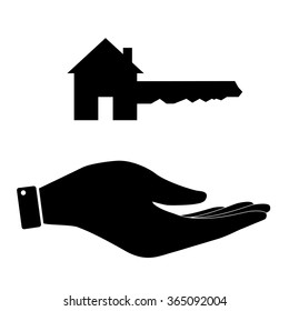 Home Key in hand icon, care symbol vector illustration. Flat design style