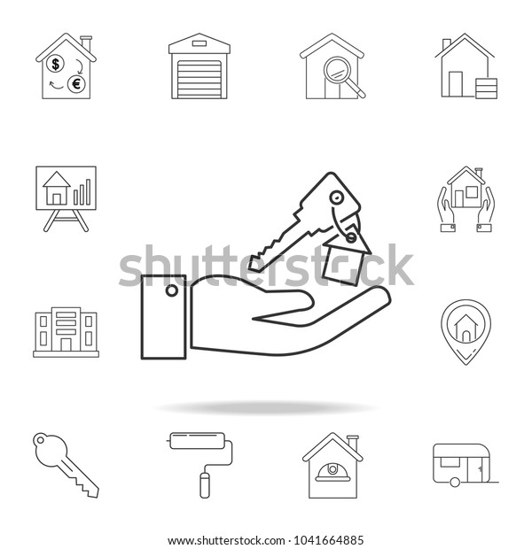 Home\
Key in hand icon. Set of sale real estate element icons. Premium\
quality graphic design. Signs, outline symbols collection icon for\
websites, web design, mobile app on white\
background