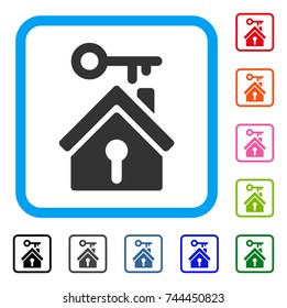 Home Key icon. Flat grey iconic symbol inside a blue rounded rectangular frame. Black, gray, green, blue, red, orange color versions of Home Key vector.