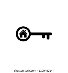 Home key icon in flat style. Simple estate symbol isolated on white background. Simple house key abstract icon in black. Vector illustration for graphic design, Web, UI, app