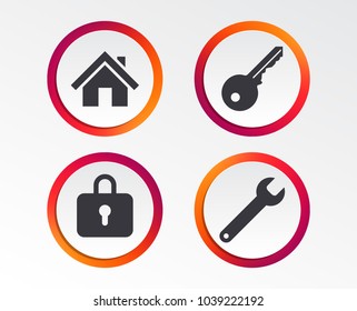 Home key icon. Wrench service tool symbol. Locker sign. Main page web navigation. Infographic design buttons. Circle templates. Vector