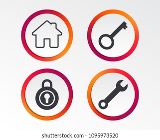 Home key icon. Wrench service tool symbol. Locker sign. Main page web navigation. Infographic design buttons. Circle templates. Vector