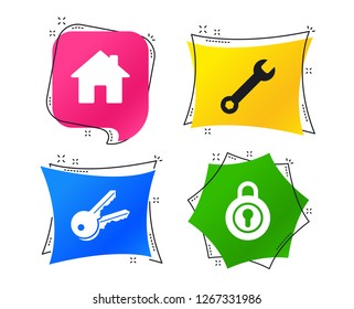 Home key icon. Wrench service tool symbol. Locker sign. Main page web navigation. Geometric colorful tags. Banners with flat icons. Trendy design. Vector