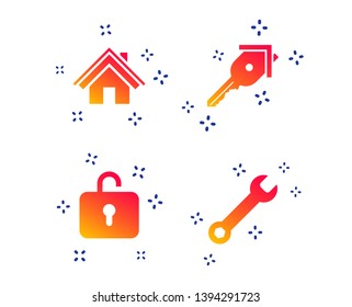 Home key icon. Wrench service tool symbol. Locker sign. Main page web navigation. Random dynamic shapes. Gradient key icon. Vector