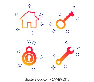 Home key icon. Wrench service tool symbol. Locker sign. Main page web navigation. Random dynamic shapes. Gradient service icon. Vector