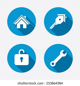 Home key icon. Wrench service tool symbol. Locker sign. Main page web navigation. Circle concept web buttons. Vector