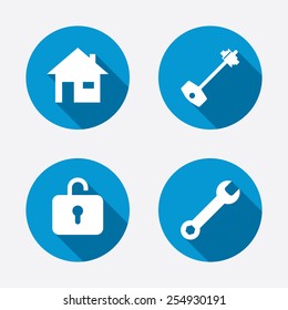 Home key icon. Wrench service tool symbol. Locker sign. Main page web navigation. Circle concept web buttons. Vector