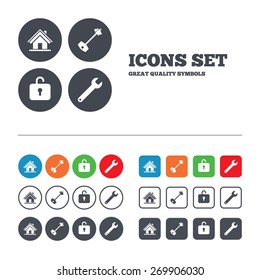 Home key icon. Wrench service tool symbol. Locker sign. Main page web navigation. Web buttons set. Circles and squares templates. Vector