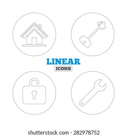 Home key icon. Wrench service tool symbol. Locker sign. Main page web navigation. Linear outline web icons. Vector