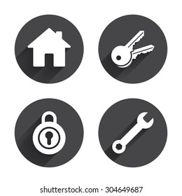 Home key icon. Wrench service tool symbol. Locker sign. Main page web navigation. Circles buttons with long flat shadow. Vector