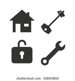 Home key icon. Wrench service tool symbol. Locker sign. Main page web navigation. Flat icons on white. Vector