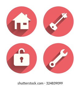 Home key icon. Wrench service tool symbol. Locker sign. Main page web navigation. Pink circles flat buttons with shadow. Vector