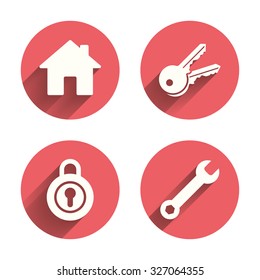 Home key icon. Wrench service tool symbol. Locker sign. Main page web navigation. Pink circles flat buttons with shadow. Vector