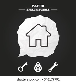 Home key icon. Wrench service tool symbol. Locker sign. Main page web navigation. Paper speech bubble with icon.