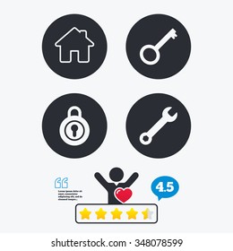 Home key icon. Wrench service tool symbol. Locker sign. Main page web navigation. Star vote ranking. Client like and think bubble. Quotes with message.