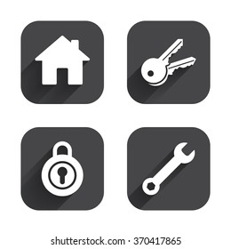 Home key icon. Wrench service tool symbol. Locker sign. Main page web navigation. Square flat buttons with long shadow.