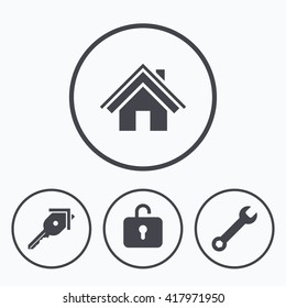 Home key icon. Wrench service tool symbol. Locker sign. Main page web navigation. Icons in circles.