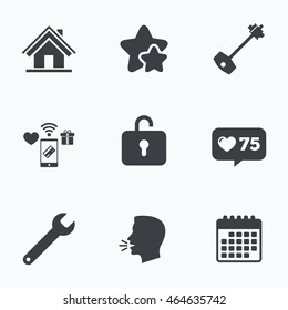 Home key icon. Wrench service tool symbol. Locker sign. Main page web navigation. Flat talking head, calendar icons. Stars, like counter icons. Vector