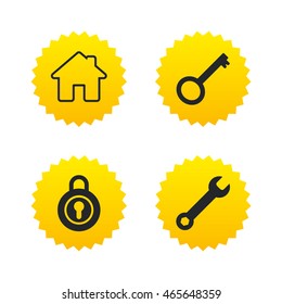 Home key icon. Wrench service tool symbol. Locker sign. Main page web navigation. Yellow stars labels with flat icons. Vector