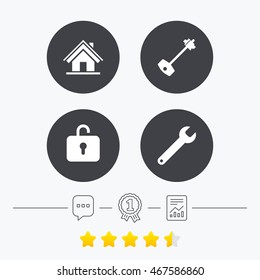 Home key icon. Wrench service tool symbol. Locker sign. Main page web navigation. Chat, award medal and report linear icons. Star vote ranking. Vector
