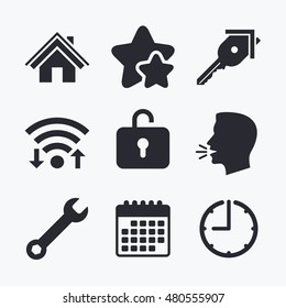 Home key icon. Wrench service tool symbol. Locker sign. Main page web navigation. Wifi internet, favorite stars, calendar and clock. Talking head. Vector
