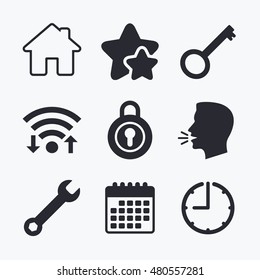 Home key icon. Wrench service tool symbol. Locker sign. Main page web navigation. Wifi internet, favorite stars, calendar and clock. Talking head. Vector