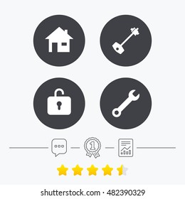 Home key icon. Wrench service tool symbol. Locker sign. Main page web navigation. Chat, award medal and report linear icons. Star vote ranking. Vector